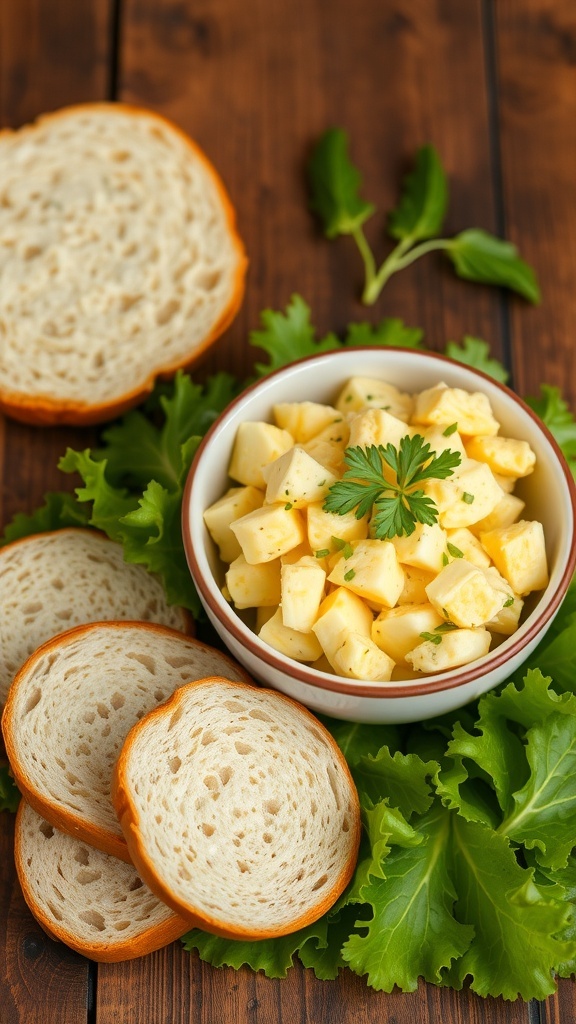A bowl of egg salad on lettuce with bread slices on the side.